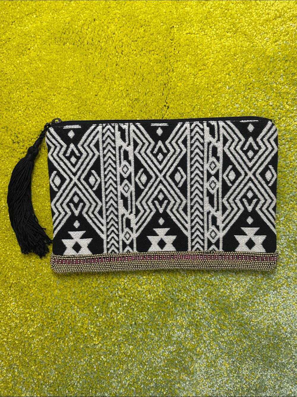 Oysho Beaded Clutch with Black Tassel & Zipper